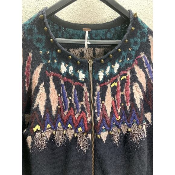 Free People Women Blue Black Embellished Bell Sleeve Full Zip Cardigan Size L - Picture 3 of 7